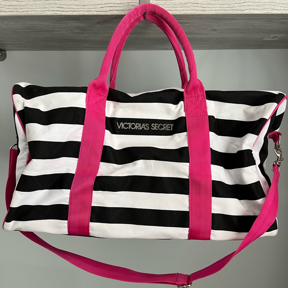 Victoria's Secret Striped Canvas Duffel Travel Bag Gym